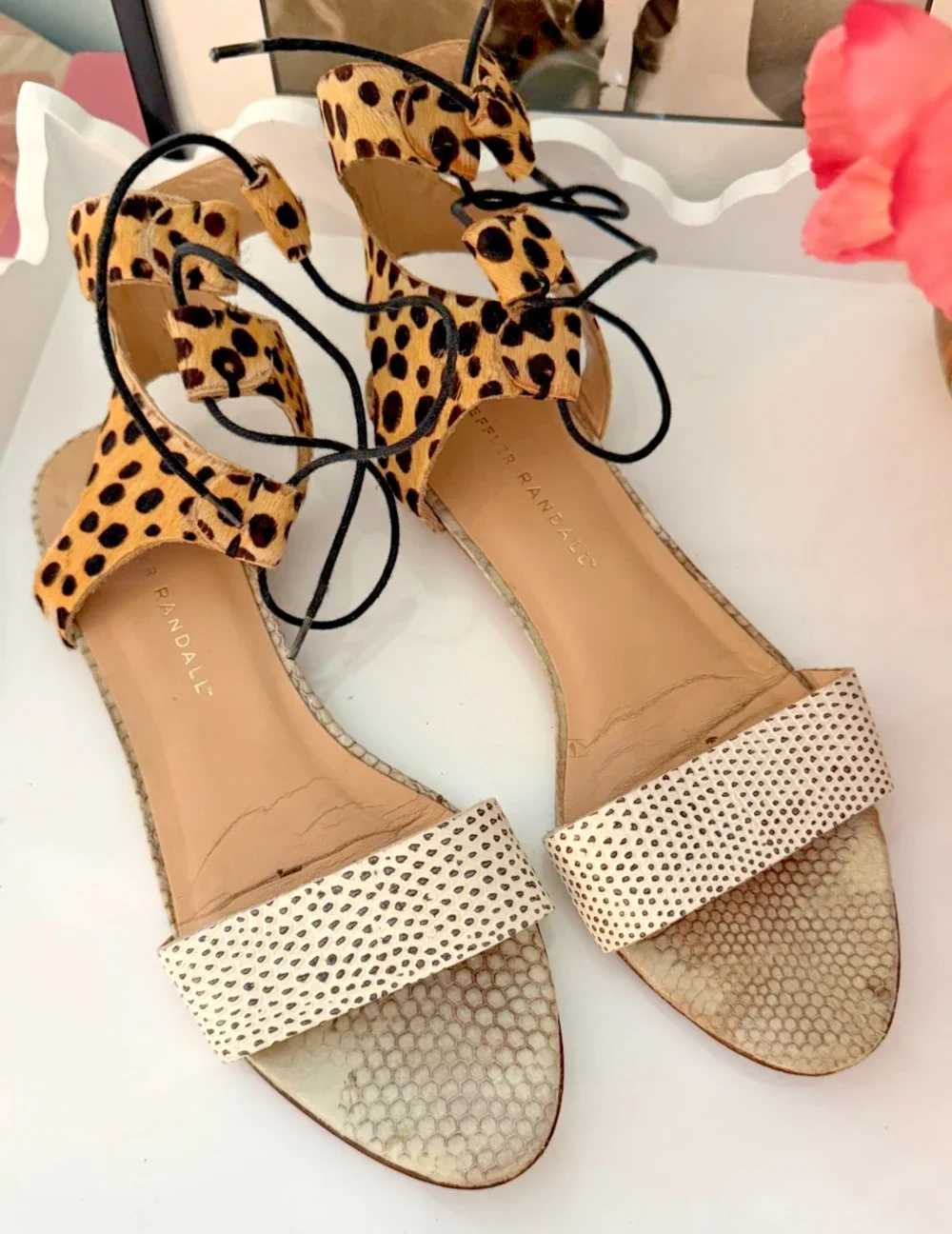 Loeffler Randall Alexa Ankle Tie Sandal in Leopard & Snakeskin, size 7